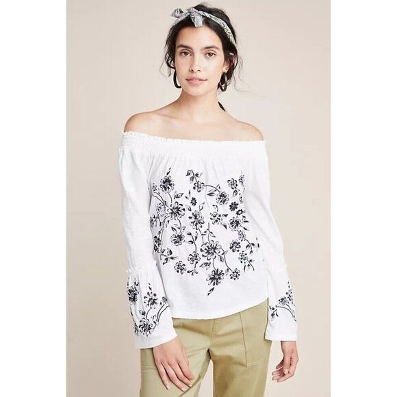 Anthropologie Annie Embroidered Off-The-Shoulder White & Black Boho Size XS NWT - Picture 1 of 10